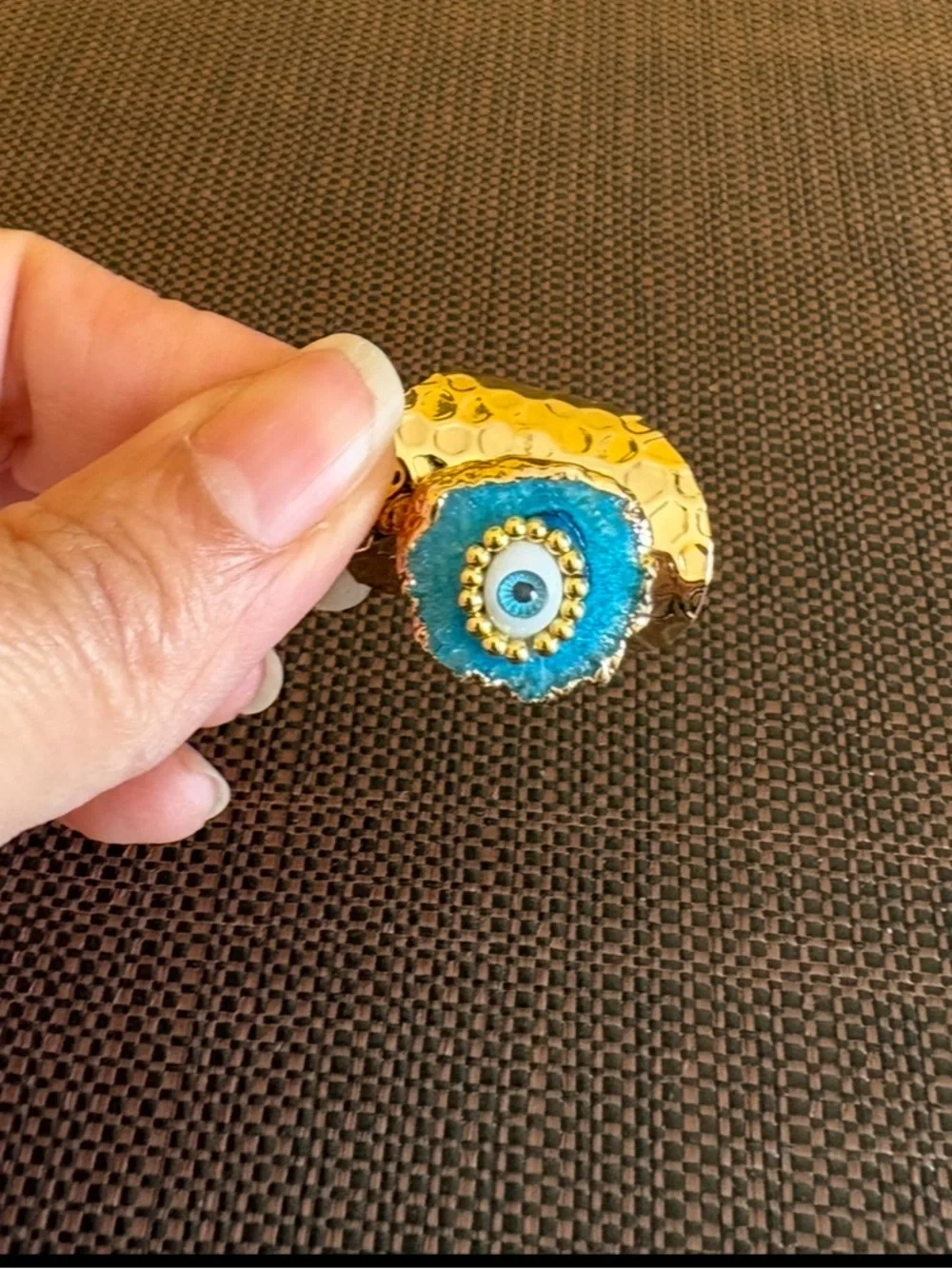 New! Gold-Plated Synthetic Geode Druzy Agate Blue Evil Eye Statement Ring